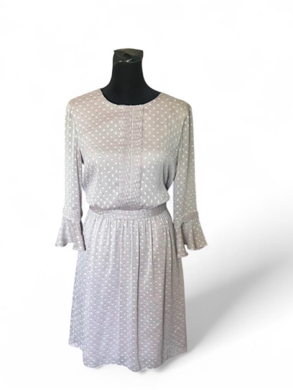 Gap Gray White Polka Dot Chiffon A-Line Lined Crew 3/4 Bell Knee Dress 2